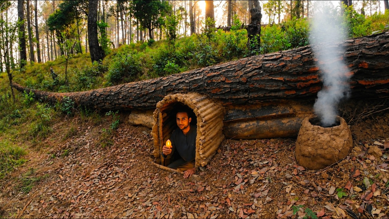 Building a secret Dugout Cave shelter with heavy Fallen tree, Bushcraft, Survival