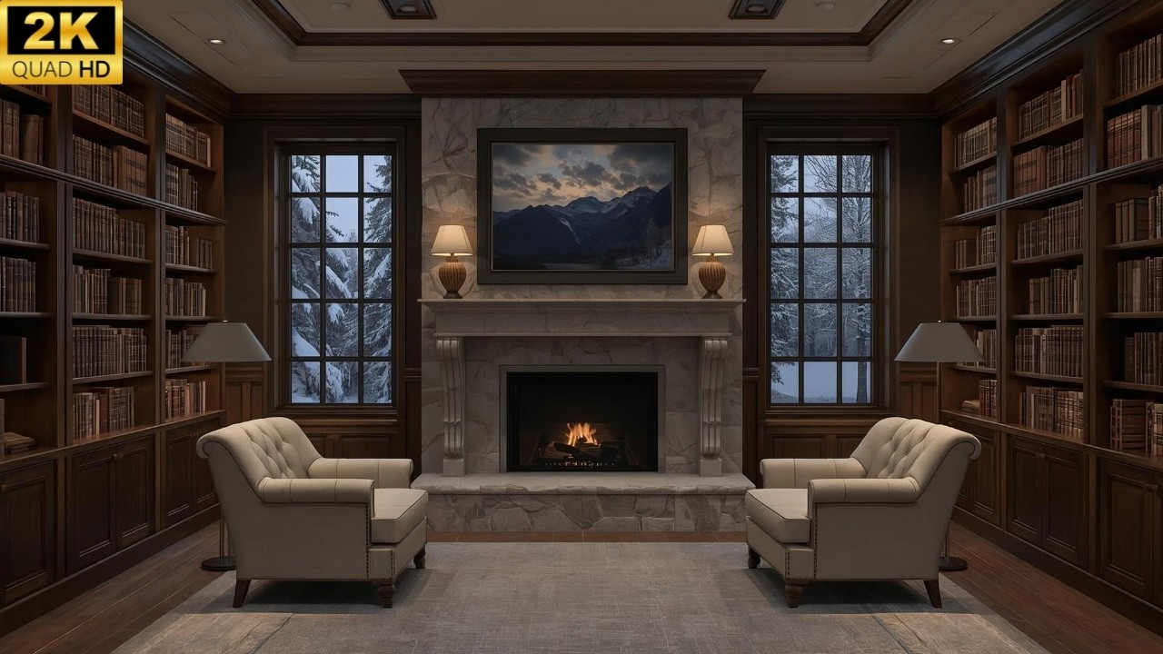 Elegant Fireplace Library Ambience With Snowy Windows | Cozy Realms 🔥