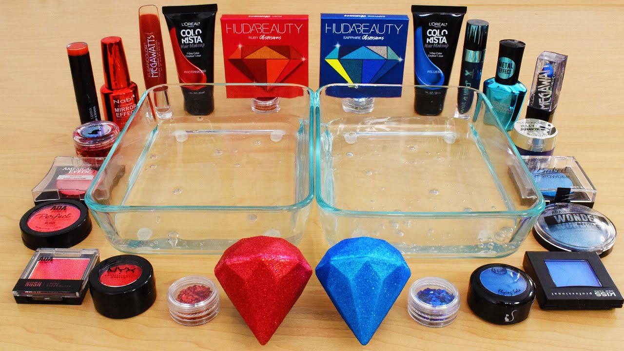 Red vs Blue- Mixing Makeup Eyeshadow Into Slime ASMR