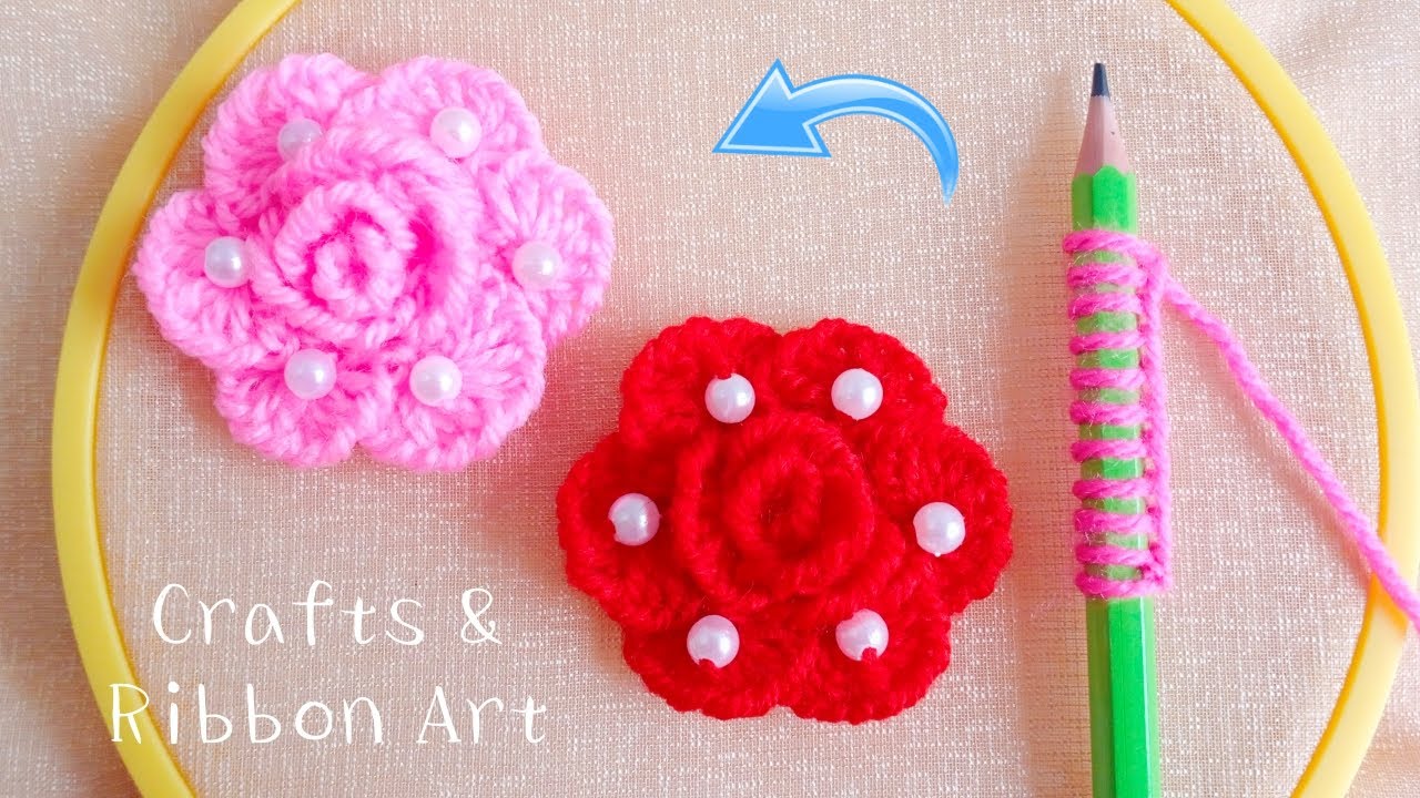 Amazing 3D Woolen Rose Making Idea with Pencil - Hand Embroidery Easy Trick - DIY Woolen Flowers