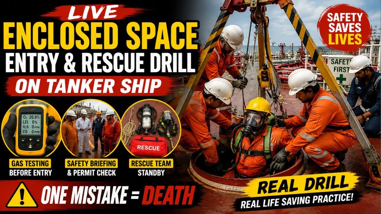 Tanker Ship Safety Drill: Enclosed Space Entry, Briefing & Emergency Rescue
