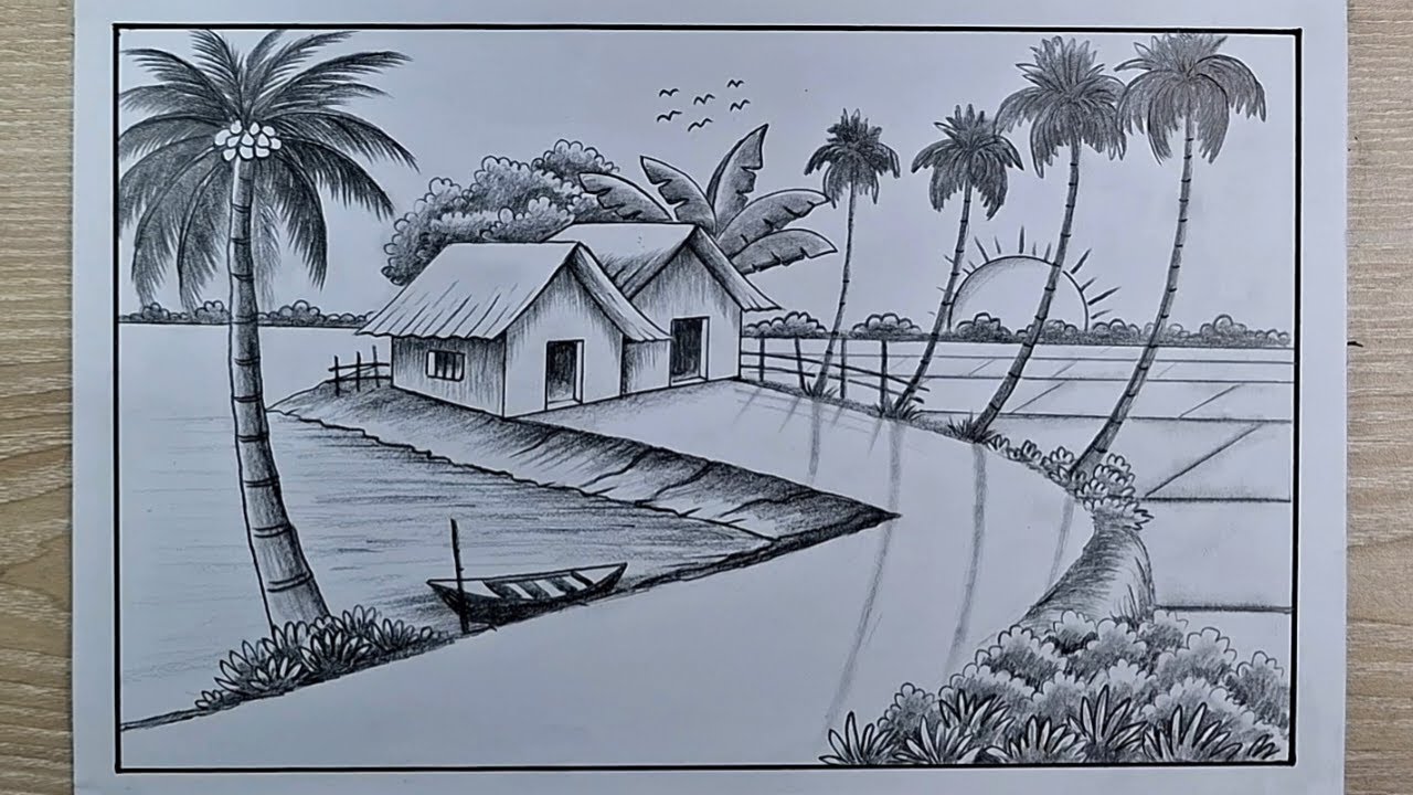 How to Draw Scenery of Sunrising Very Easy Step by Step | Village Scenery Drawing by pencil sketch