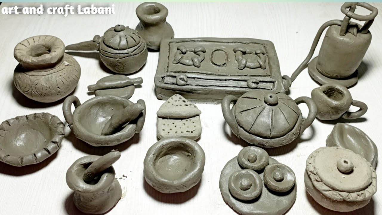 Amazing technique make handmade kitchen set with clay || miniature clay kitchen set ||kitchen tools
