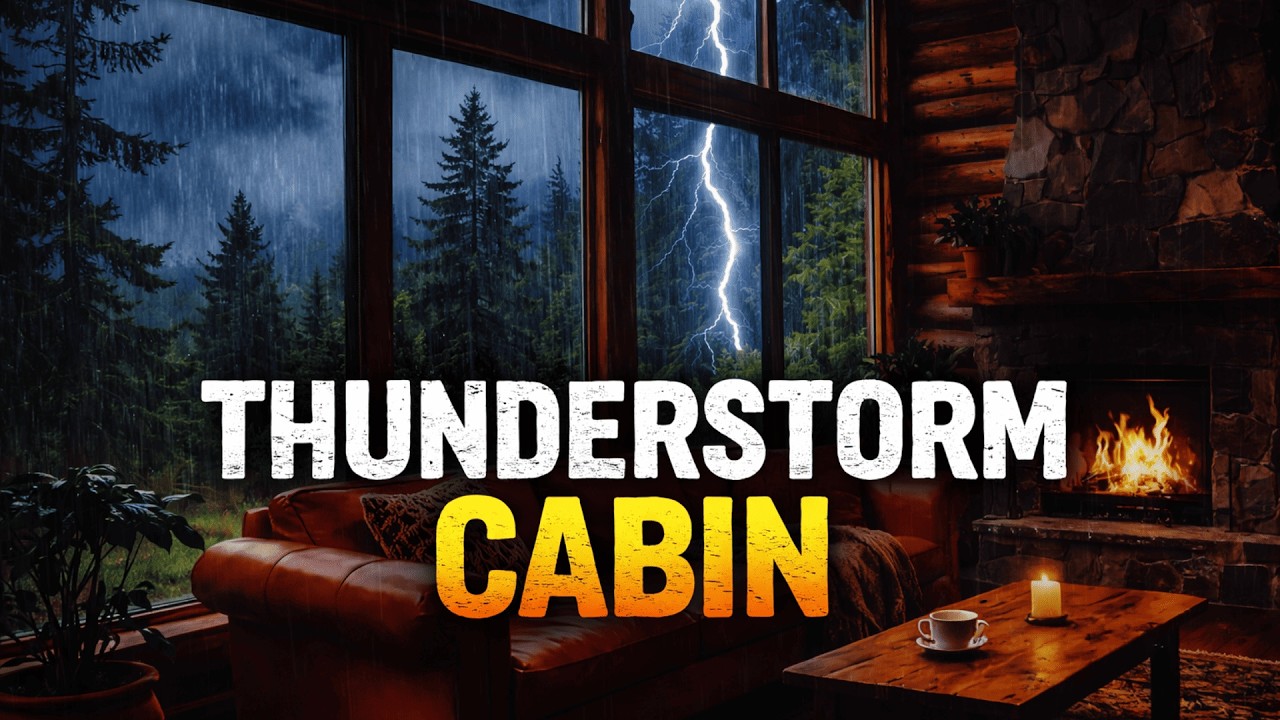 Thunderstorm at a Cozy Mountain Cabin 🌧 Heavy Rain & Fireplace Ambience