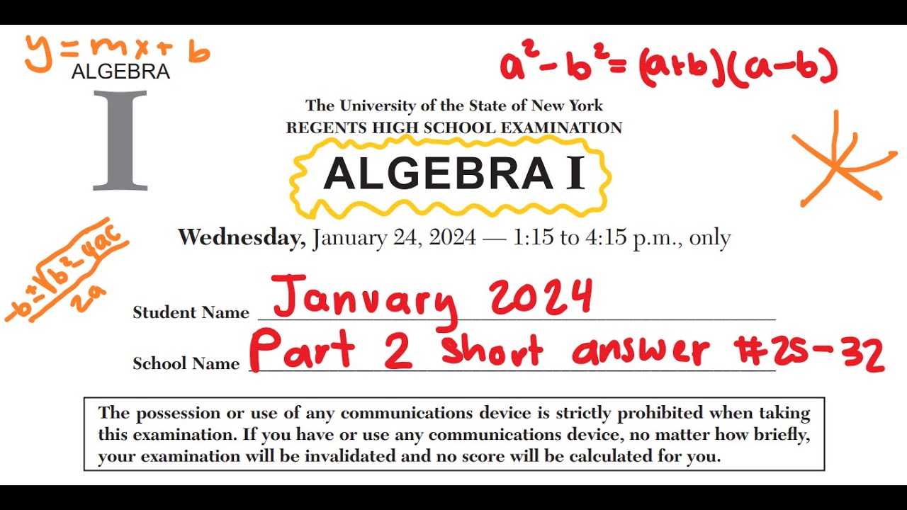 January 2024 Algebra 1 Regents Exam Review (Part 2 #25 32)