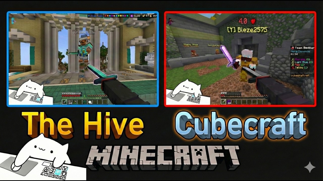 Full rush gameplay on Hive Skywars And CubeCraft Bedwars bedrock [No Commentary]