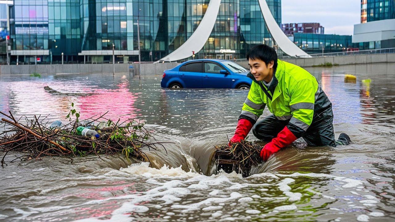 Unclogging With Massive Whirlpool Draining Big Flood On Railway