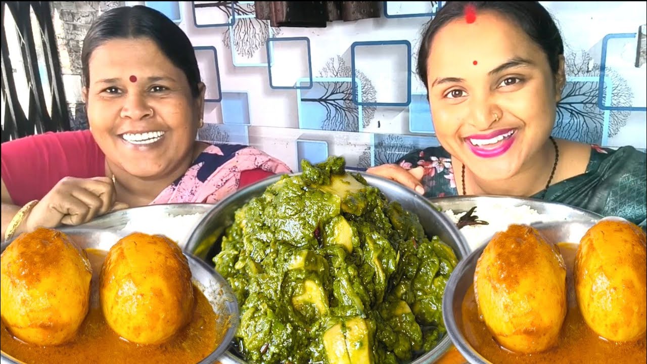 New eating rice with🔥🔥Palak mushroom Egg masala while saag vegetable curry Bengali food eating show