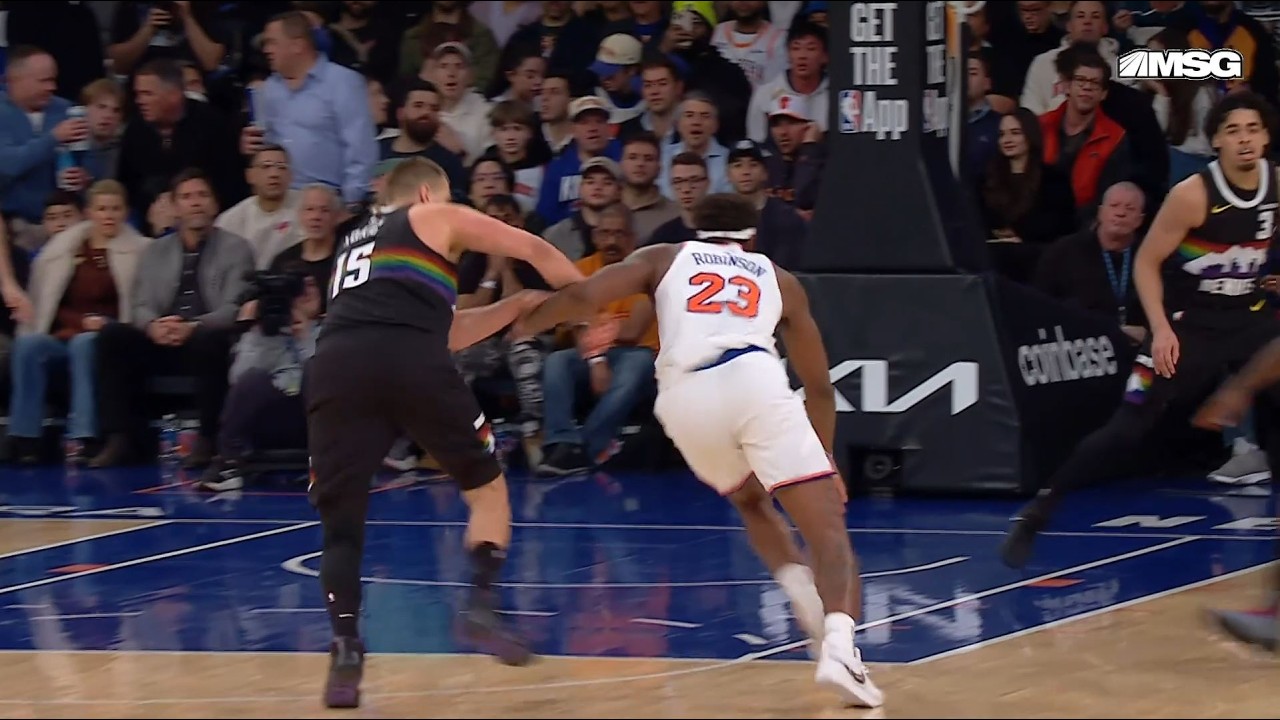 Mitchell Robinson blows past Nikola Jokić and finishes with a powerful dunk, He blocks Jokic's 3 too