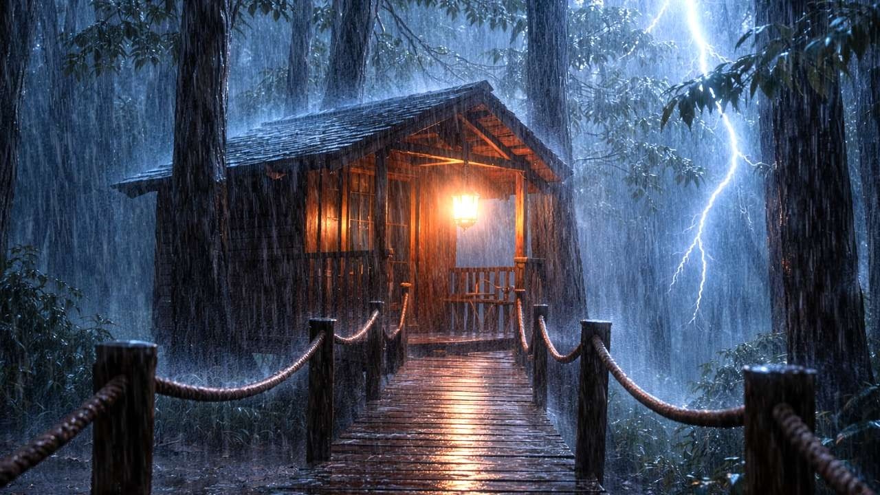 Lightning Storm at Forest Cabin 🌩️🌧️ Heavy Rain Sounds for Deep Sleep & Relaxation