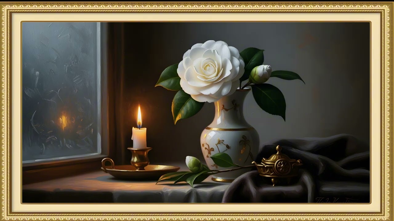 Timeless European Winter Floral Still Life | White Camellia in Candlelight | Painterly Oil TV Art
