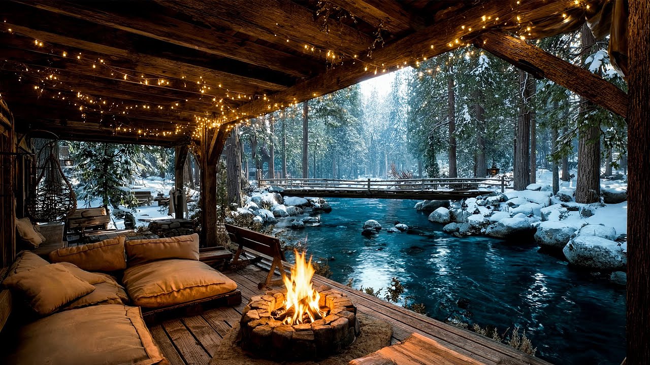 Cozy Winter Cabin by the River with Fire Pit | Peaceful Snowy Landscape for Ultimate Relaxation