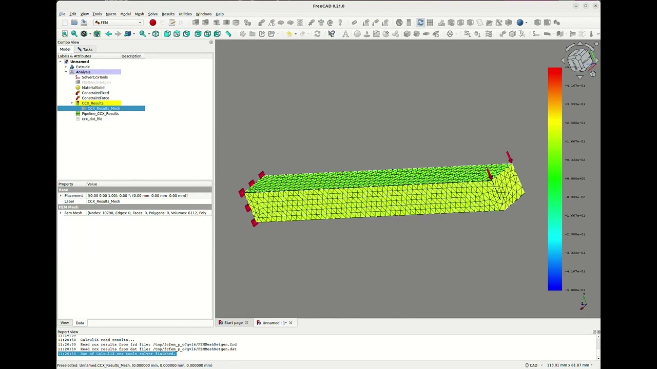 Beam Deflection Analysis using FreeCAD+Netgen+CalculiX