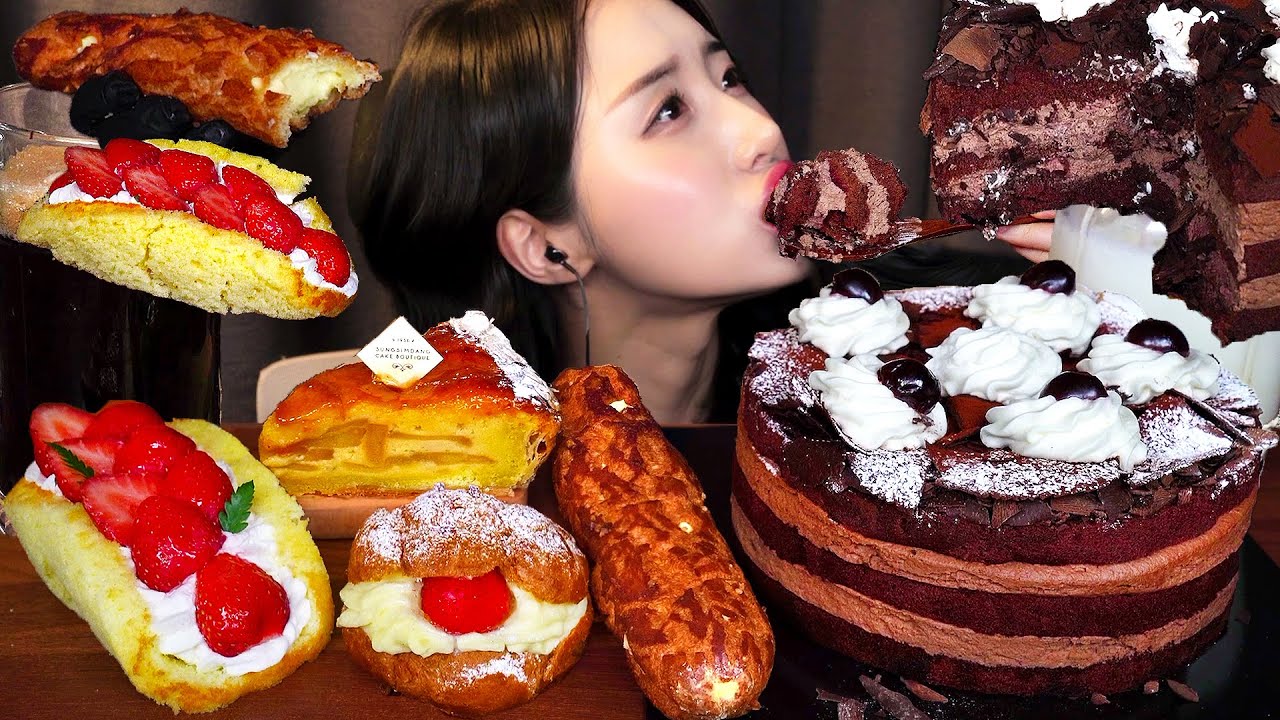 Вишневый шоколадный торт АСМР 🍒 Десерт Хлеб с кремом МукбангㅣDessert Chocolate Cake Mukbang