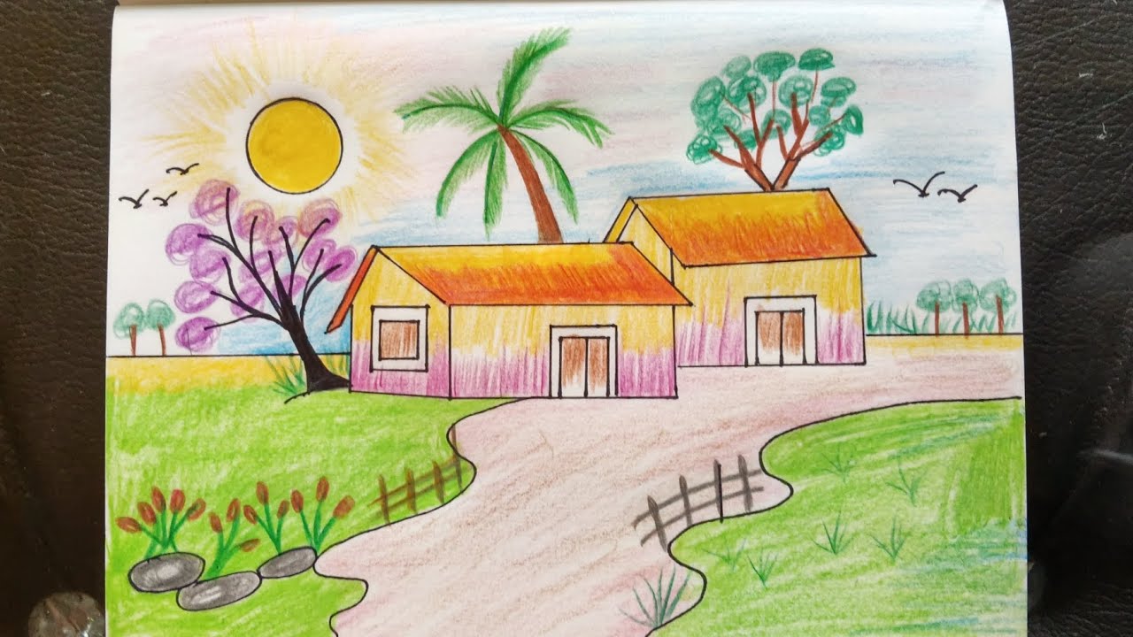 Easy Village Scenery Drawing with Colour | Simple Nature Drawing 🌴 🏡 | village drawing 
