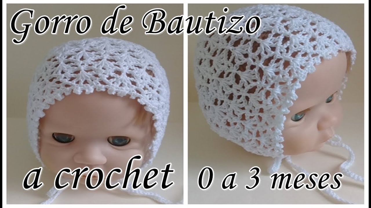 Gorro para Bautizo a crochet en punto abanico