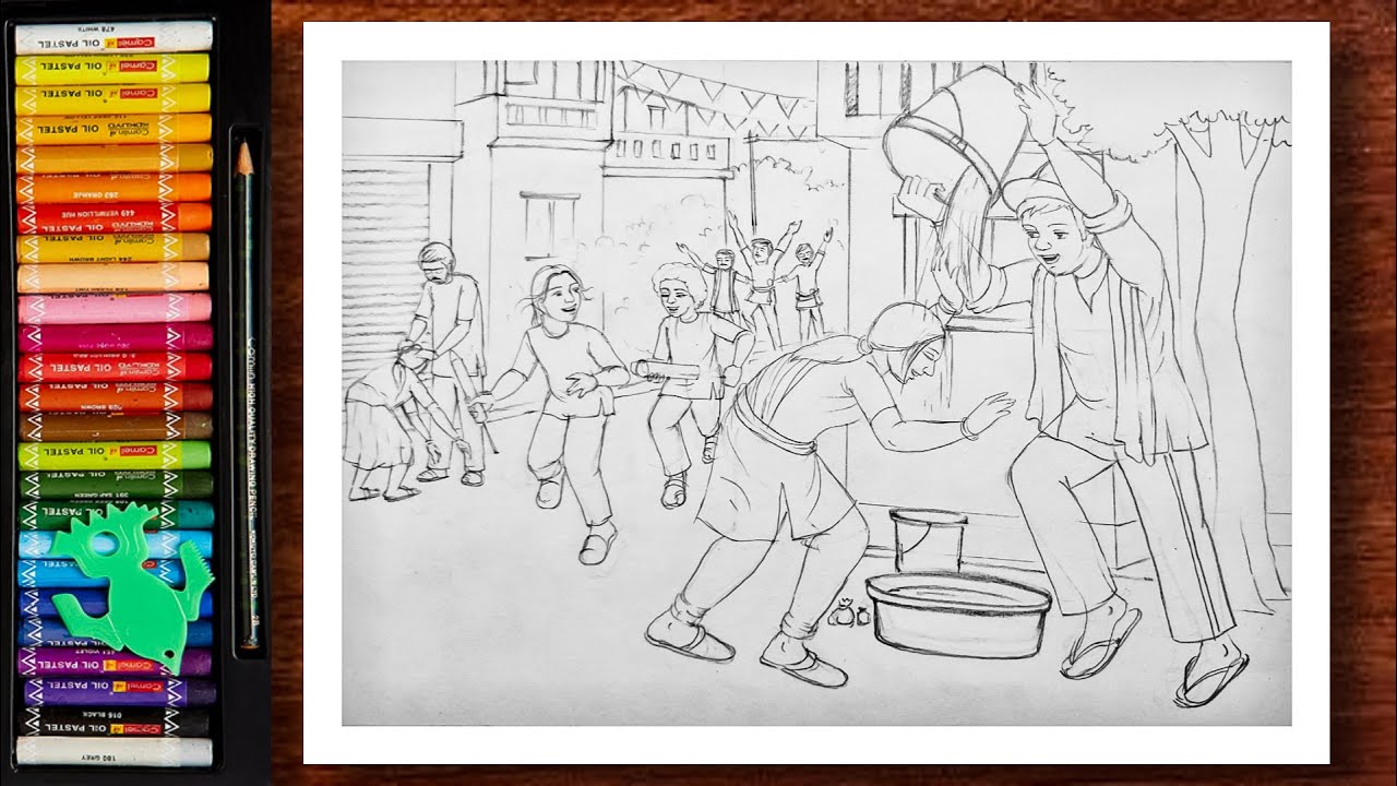 Holi Drawing | Holi Festival Drawing | Holi Scenery Drawing | Vasant Utsav Drawing | Oil Pastels
