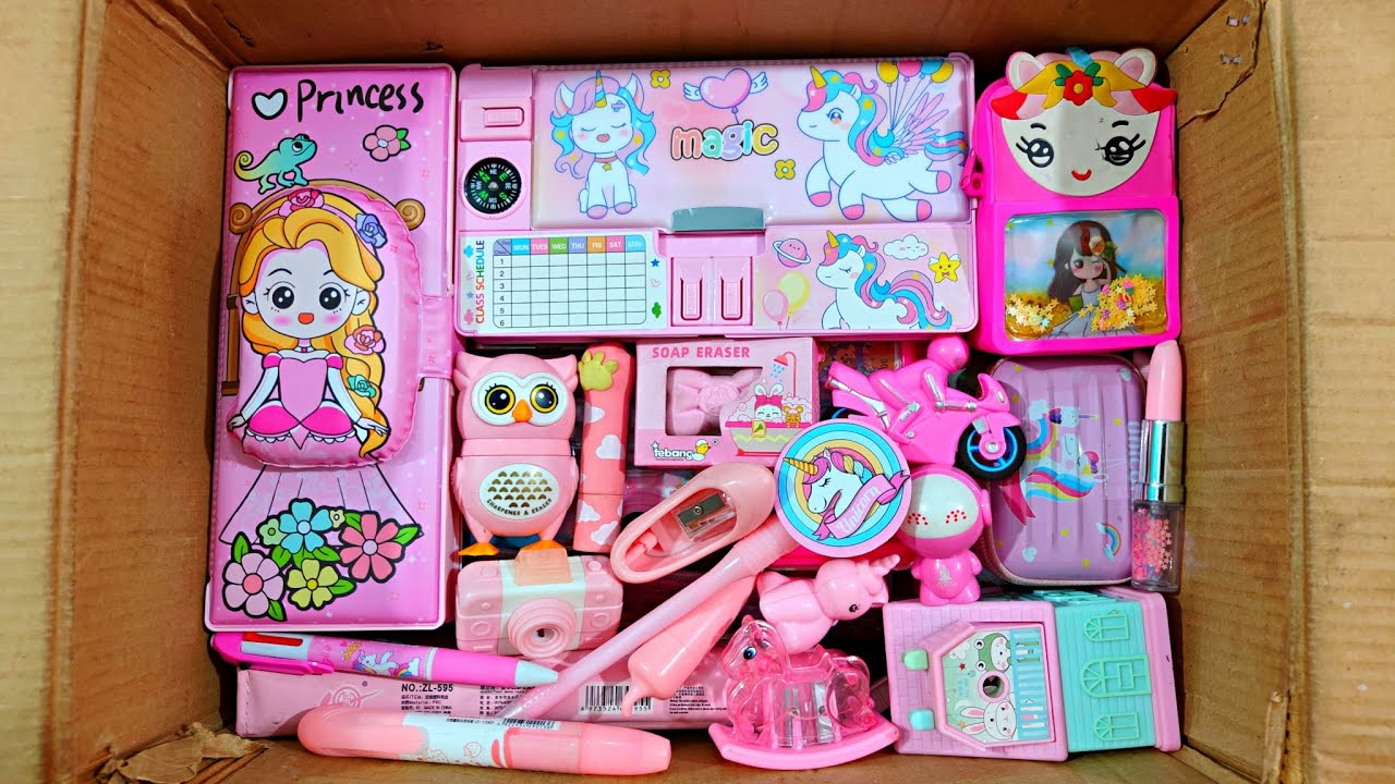 Unboxing Latest Pink Stationery📚, Pencil Box, Pouch, Sharpener, Eraser, Pen, Highlighter, Table Lamp