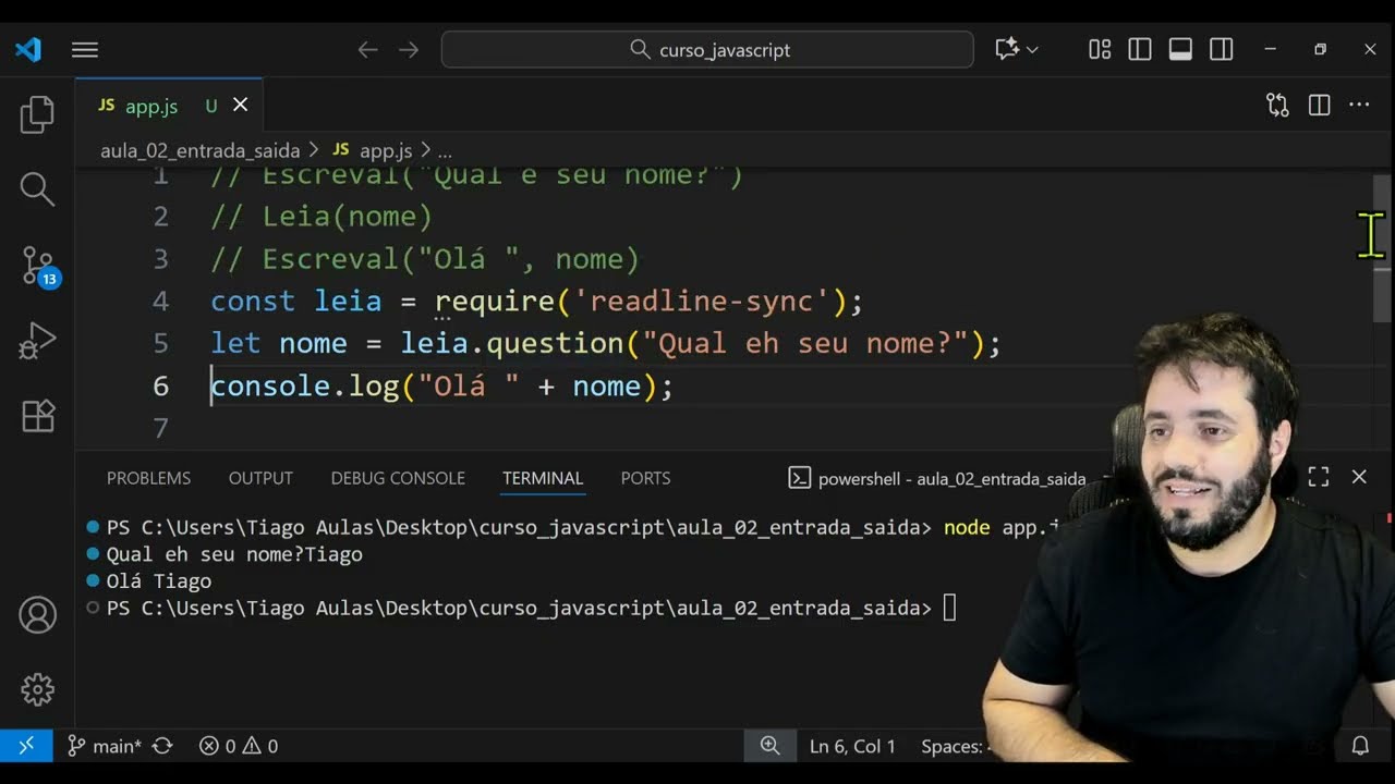 AULA 2 - COMO PROGRAMAR EM JAVASCRIPT - ENTRADA E SAÍDA DE DADOS - READLINE-SYNC