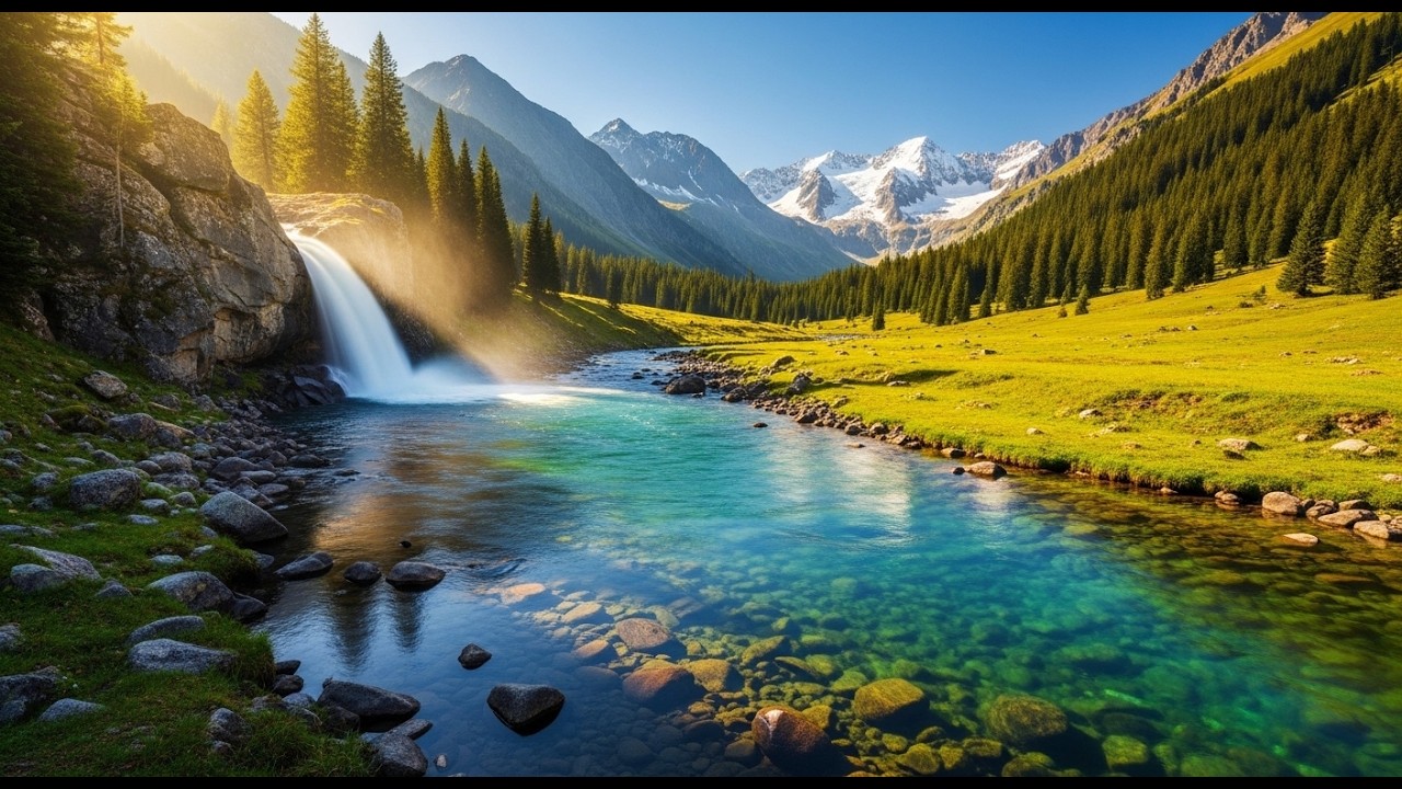 Snow-Capped Mountains | Turquoise Alpine Waterfall Scenery