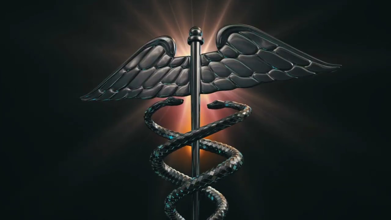caduceus 107 pulls back on the caduceus medical symbol rotating on a golden lens