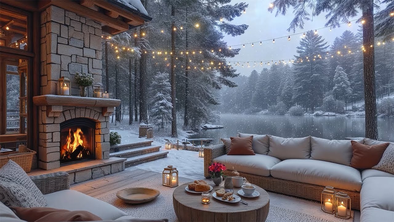 Cozy Winter Cabin Music ❄️🔥 Warm Fireplace Ambience & Gentle Snowfall by the Lake