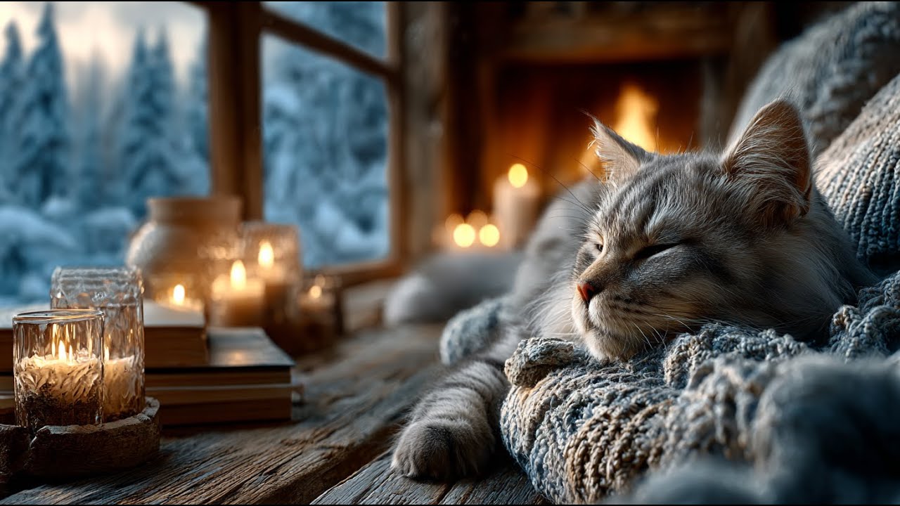 Cozy Fireplace & Cat Purring Sounds - 2 Hours Winter Cabin Ambience for Sleep
