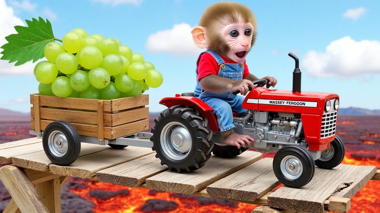 Monkey Nana drives a Tractor and saves the vegetable field from a lava disaster - NANA MONKEY LIFE