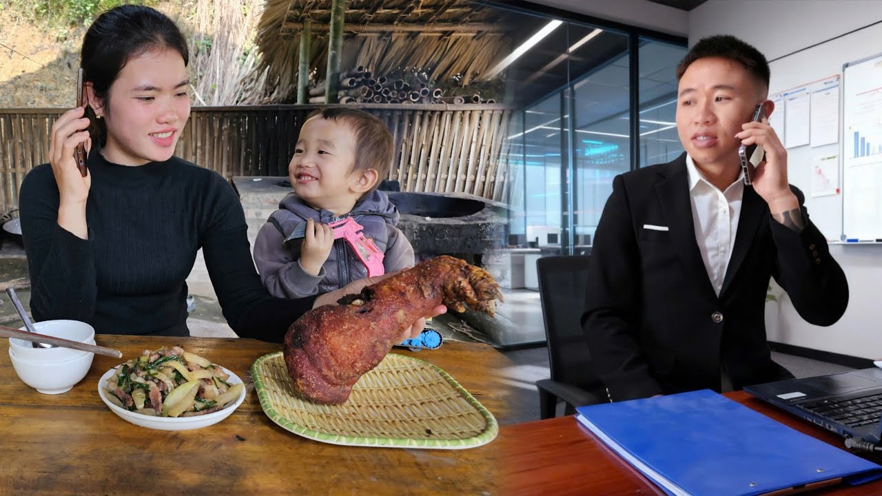 A Fun Phone Call Between Three People - Enjoying Delicious Crispy Fried Pork Leg with My Son.