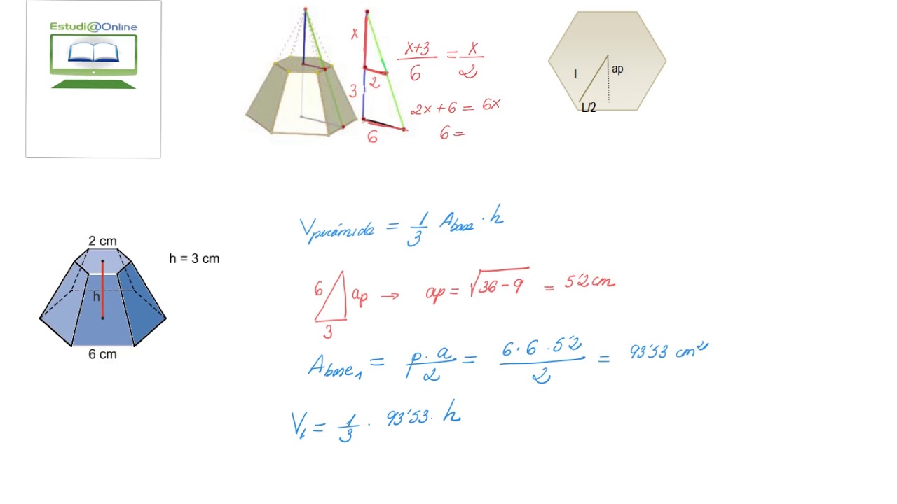 7º Áreas y Volúmenes.Cálculo de área  y volumen de tronco de pirámide hexagonal 3º ESO