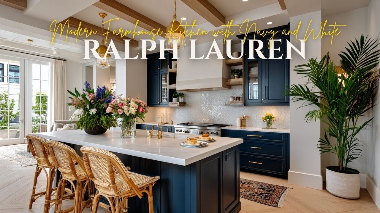 Ralph Lauren Inspired Modern Farmhouse Kitchen with Navy and White Coastal Elegance