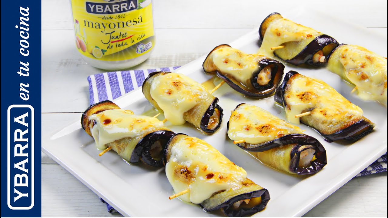 Rollitos de berenjena , langostinos y mayonesa Ybarra