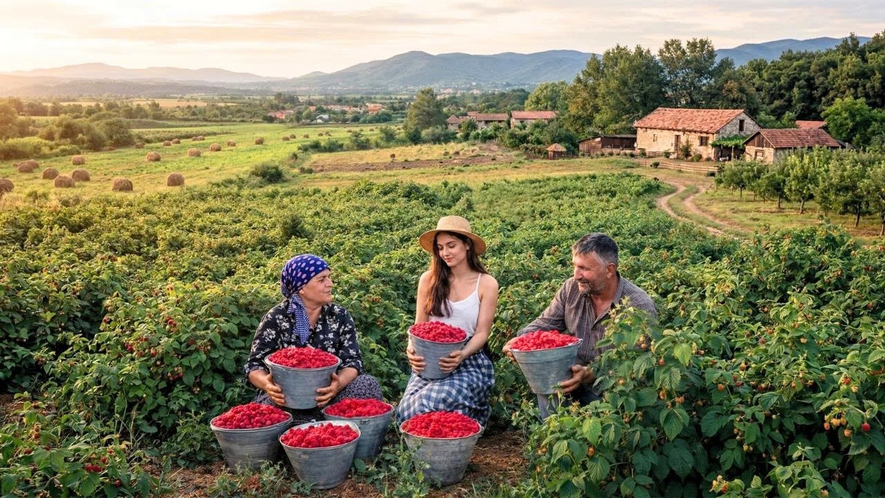 Peaceful Countryside Garden Life – 92-Year-Old Grandmother’s Raspberry Garden Harvest for Winter