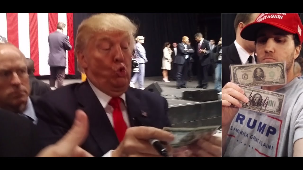 TRUMP'S PRICELESS REACTION @ CA RALLY - Getting the attention of DONALD TRUMP & signing $500 bill