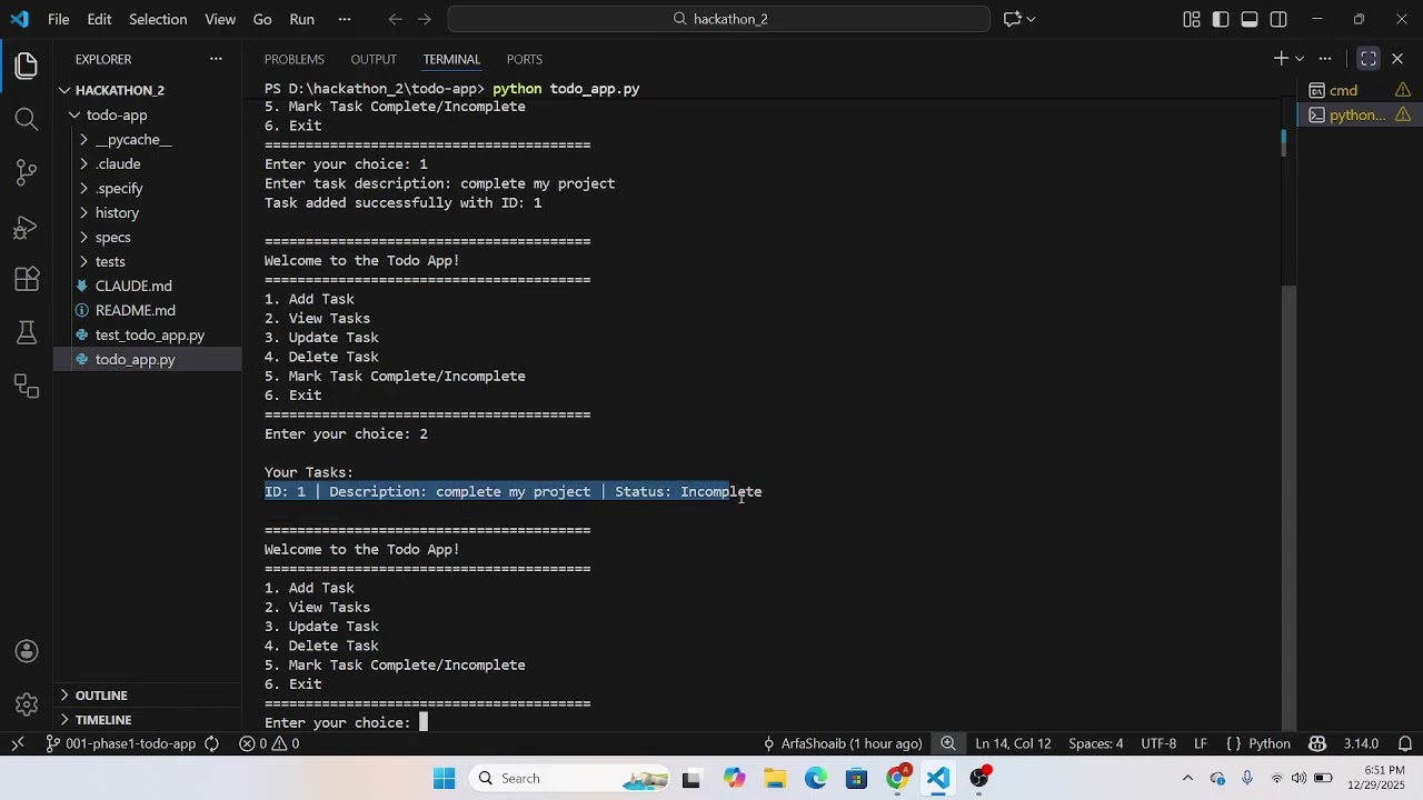 GIAIC Hackathon 2 Phase 1 Todo In-Memory Python Console App
