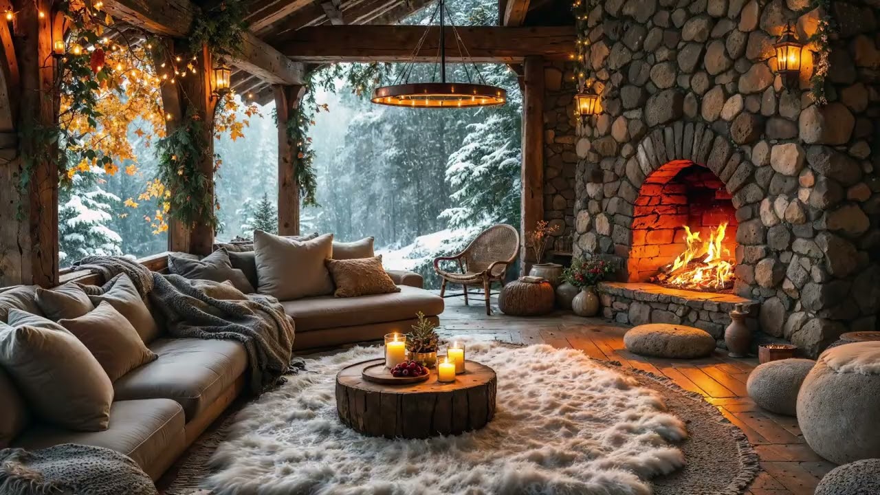 Cozy Relaxing Winter Cabin 😴  Combine Fire and Snowfall for Stress Relief
