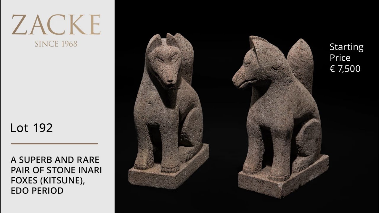 Lot 192: A SUPERB AND RARE PAIR OF STONE INARI FOXES (KITSUNE), EDO PERIOD