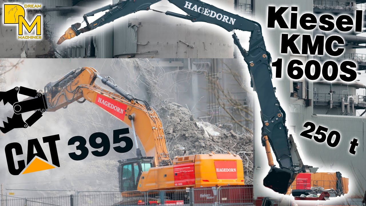 Largest excavator in Germany 250ton Hitachi KMC 1600S & CATERPILLAR 395 destroying power plant ⚠️ 4K