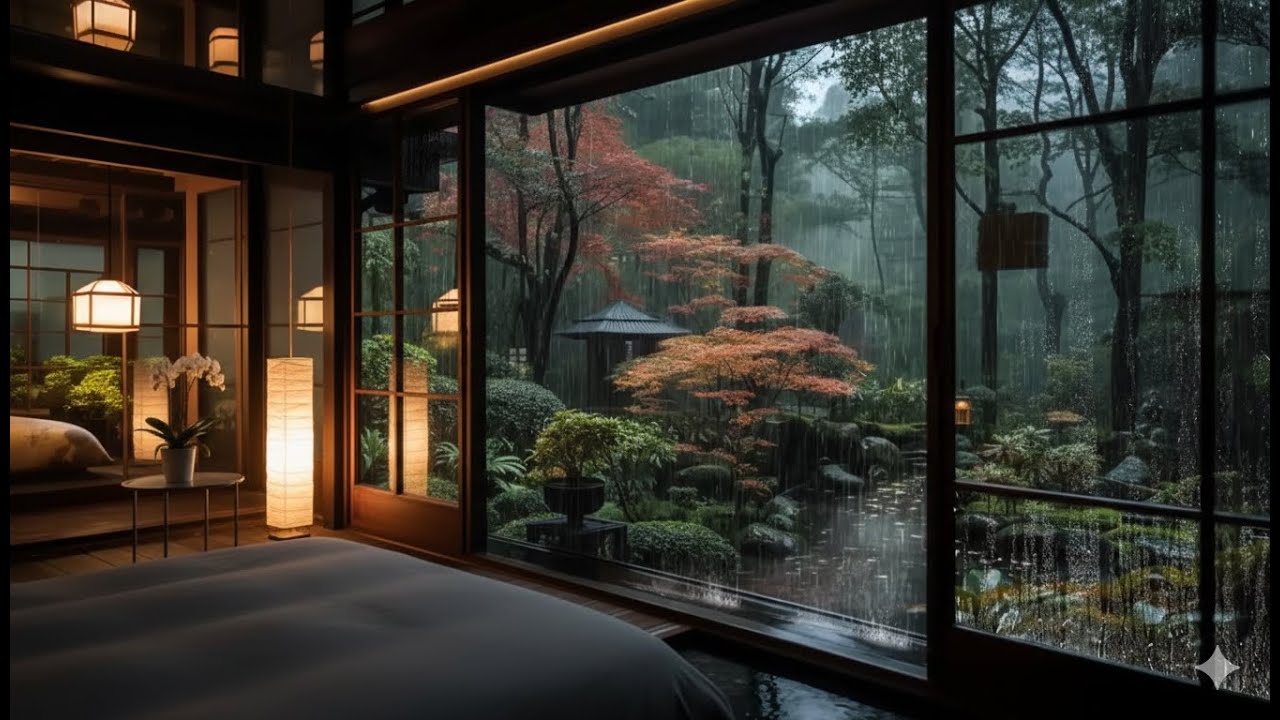 Jardín japonés bajo la lluvia | Paz y tranquilidad total