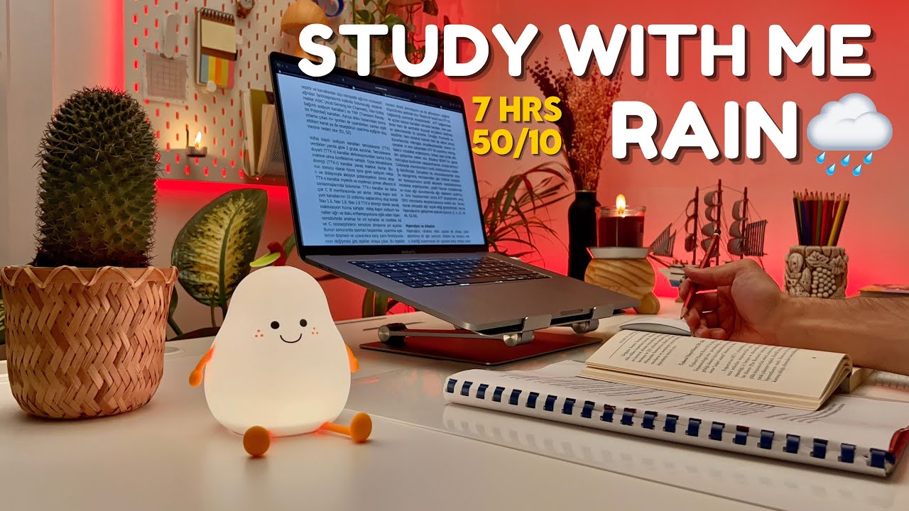 7 HOUR STUDY WITH ME on A RAINY NIGHT | Background noise, 10 min Break, No music, Study with Anwar