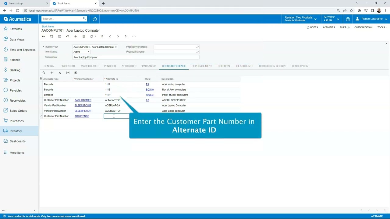 Easily cross reference your customer part numbers to your Acumatica Item Master