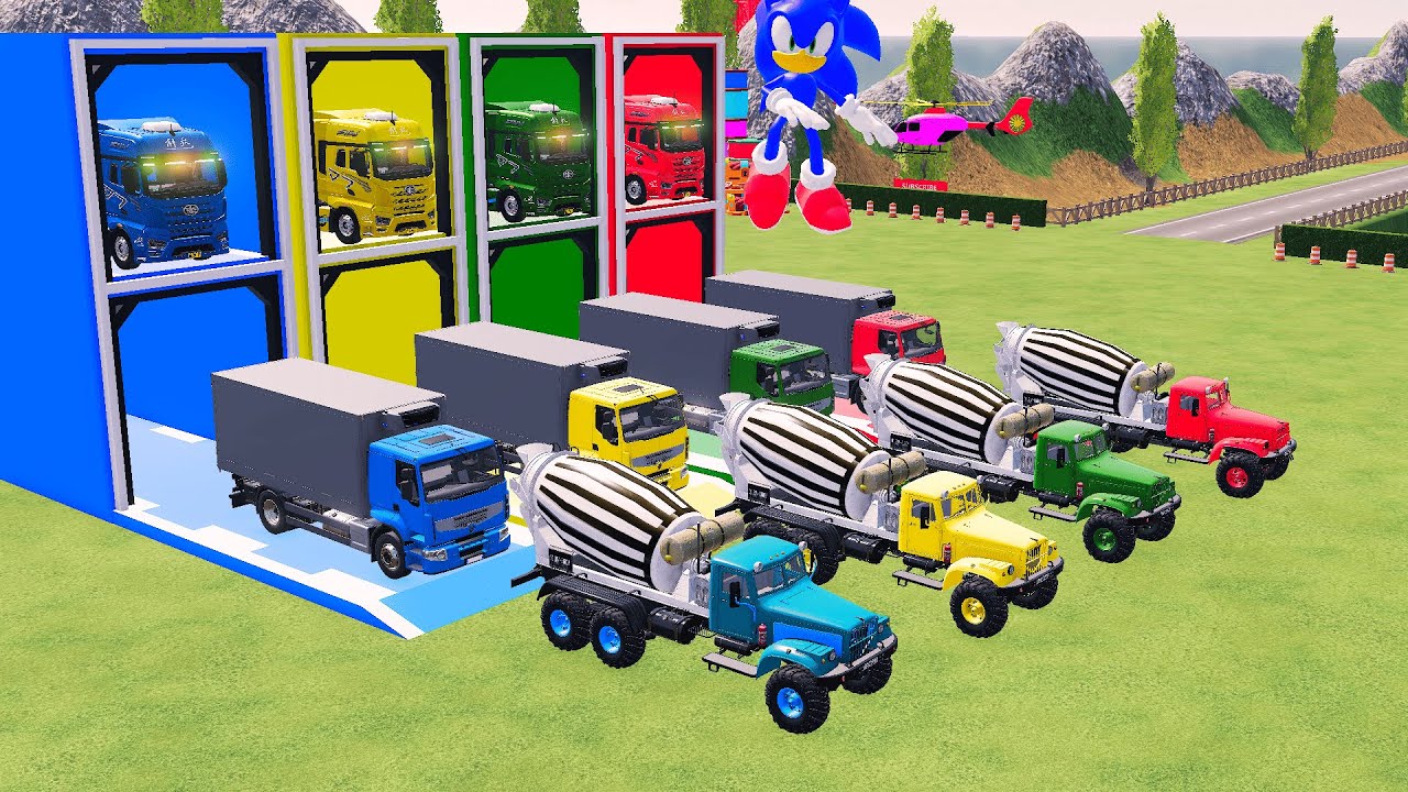 Garage with Colors - ALL MIXER TRUCK WITH  FLATBED TRAILER TRUCK, VOLVO, LIZARD, MACK - FS22