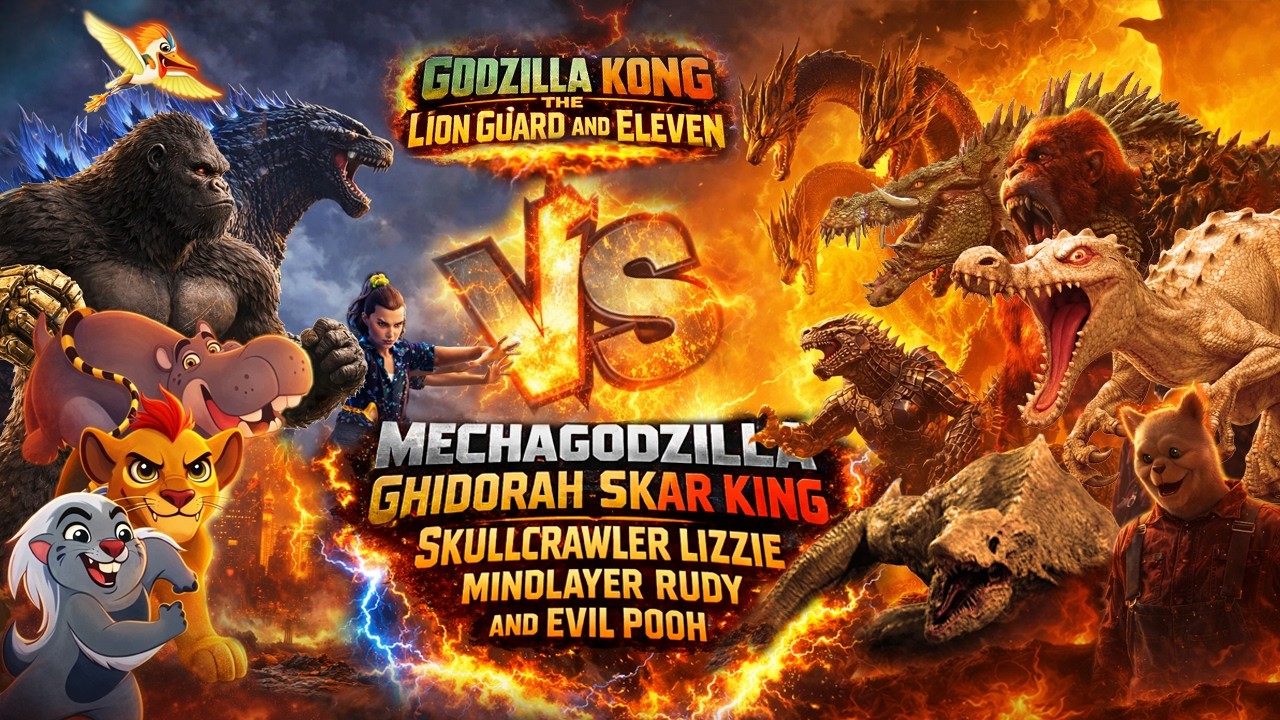 Godzilla Kong The Lion Guard and Eleven vs MechaGodzilla Ghidorah Skar King Skullcrawler Lizzie Mind