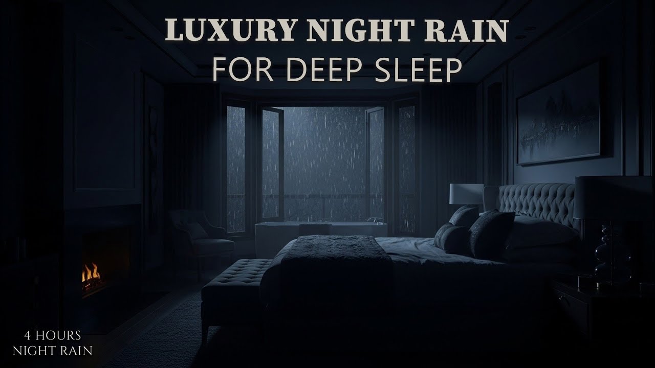 4 Hours of Soft Night Rain & Fireplace Sounds for Relaxing Sleep | Dark Luxury Ambience