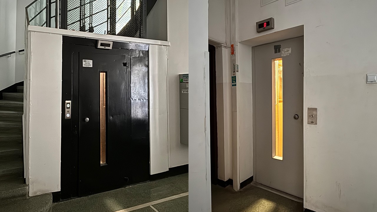 Przedwojenna winda nieznanego producenta i ZUD odważnikowy | ul. Chocimska 33, Warszawa