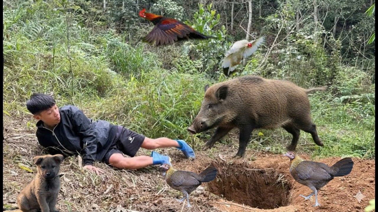 Jota hones his survival skills: setting traps to catch wild boars, fish, and chickens in the wild.