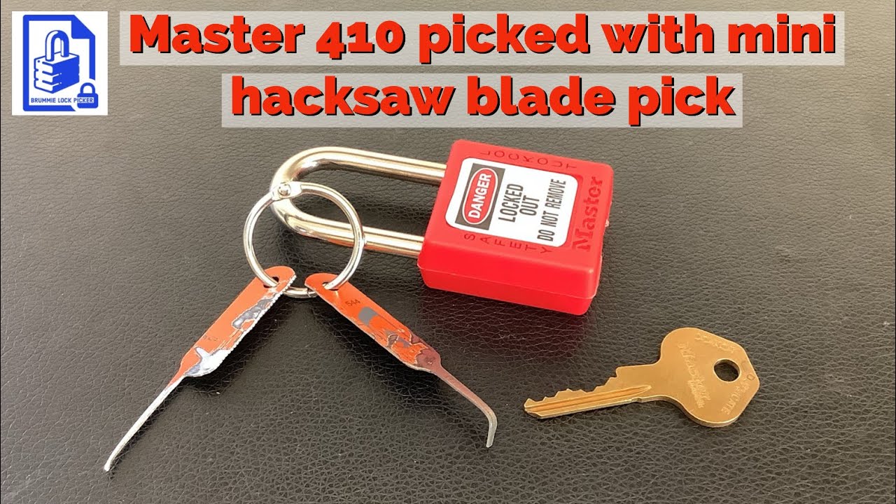 621. Master 410 LOTO padlock picked with homemade mini keyring hacksaw blade pick and tension tool