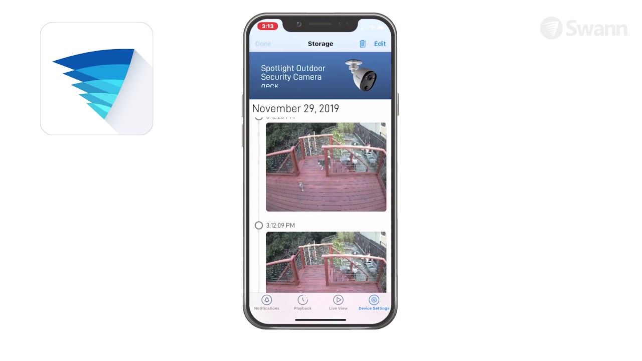 Swann Spotlight Outdoor Security Camera Swann Security app menu overview