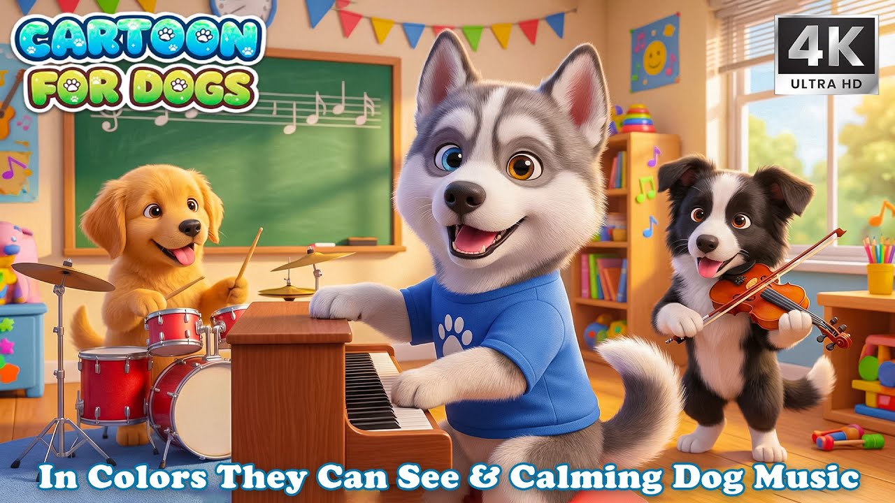 Dog Cartoon: What Happens at Dog School? 🐾 Music with Pink Noise to Help Anxious Dogs Relax