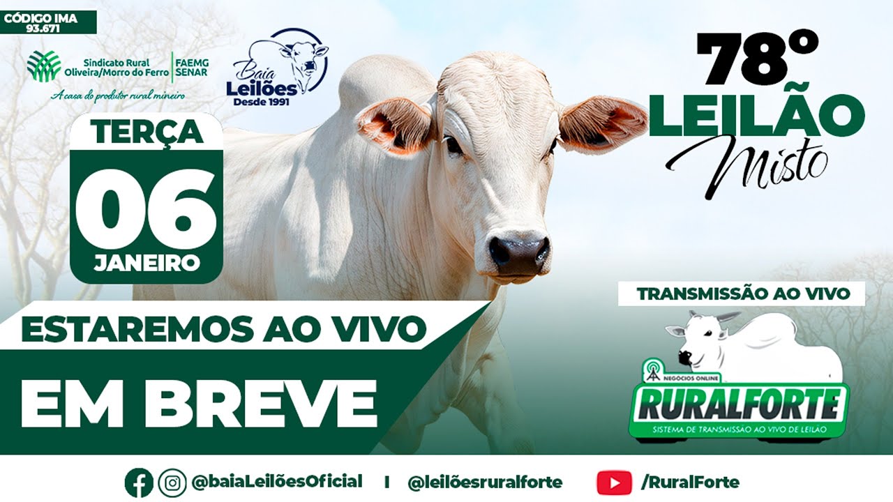 77º LEILÃO VIRTUAL E PRESENCIAL DE CORTE SINDICATO DE OLIVEIRA, OLIVEIRA - MG, DIA 06/01/26.